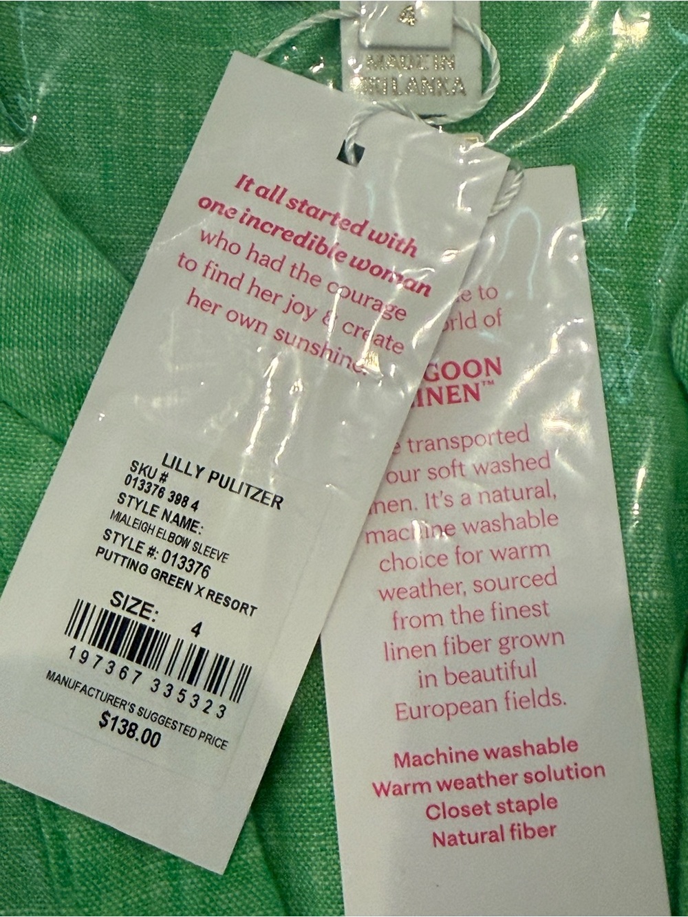 Lilly Pulitzer Mialeigh Linen Top Putting Green-V Neck Puff Sleeve NWT - Picture 3 of 3